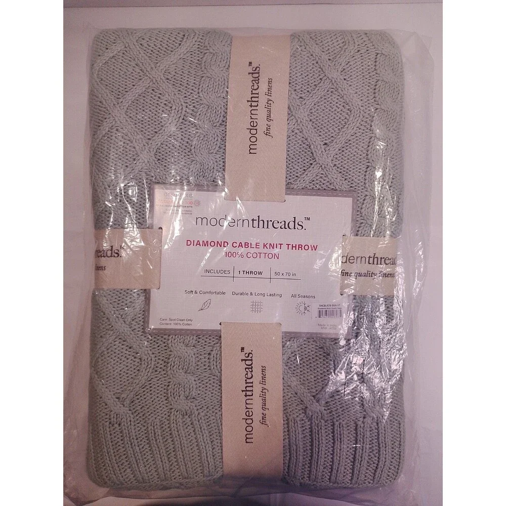 Modern Threads 100% Cotton Diamond Cable Knit Throw Blanket 50x70 Dusty Sage NWT